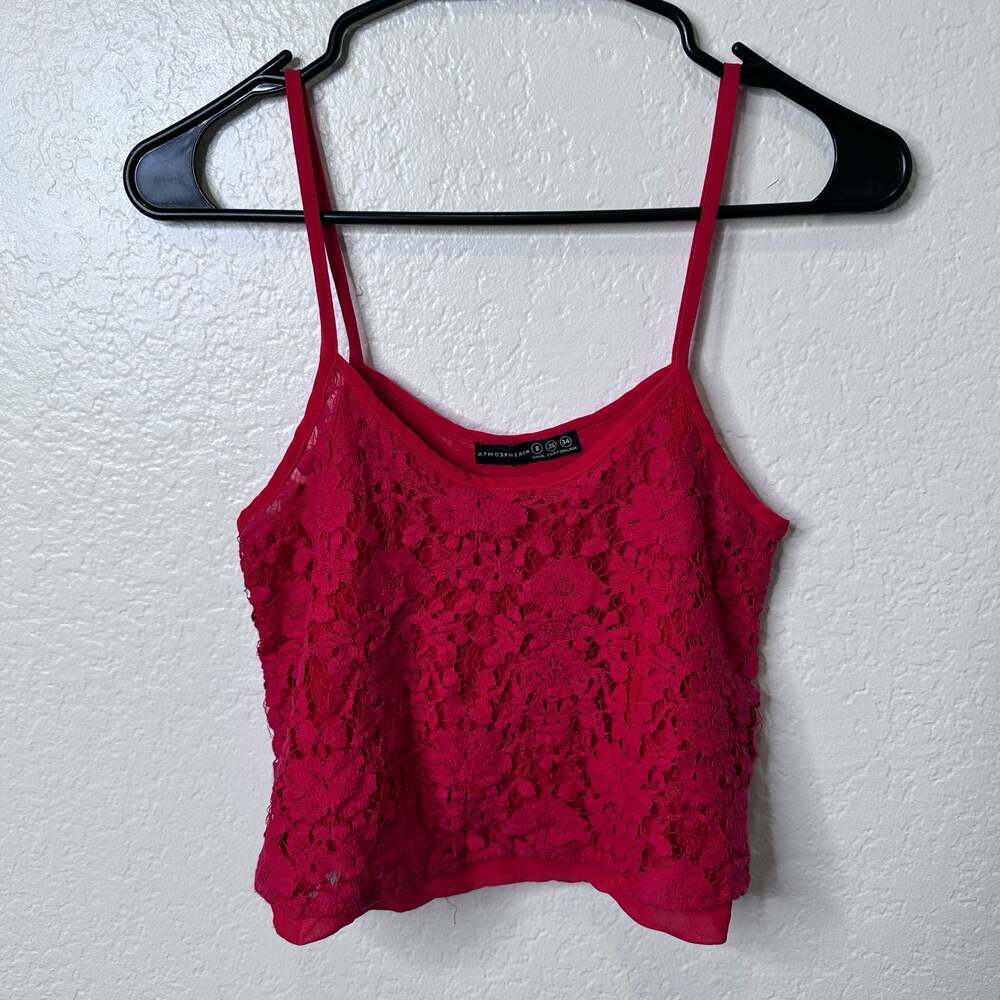 Red Lace Overlay Spaghetti Strap Crop Tank Top - Small
